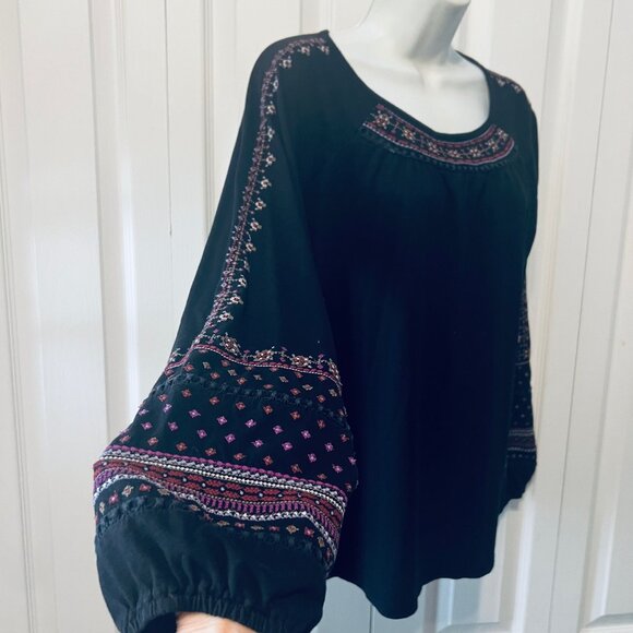 J.Jill-Women's Black/Multi Color Mix-Embroidered Long Puffy Sleeves Boho-Sz. Med - Picture 1 of 14